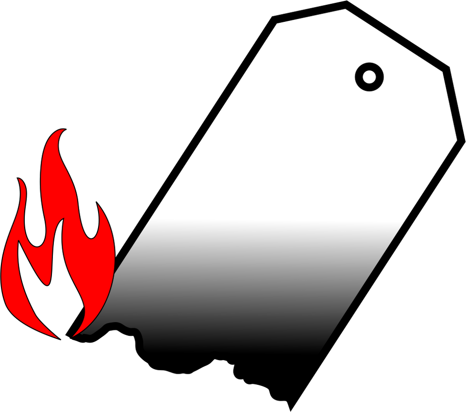 Graphic of a burnt tag with a flame graphic at the bottom.  
